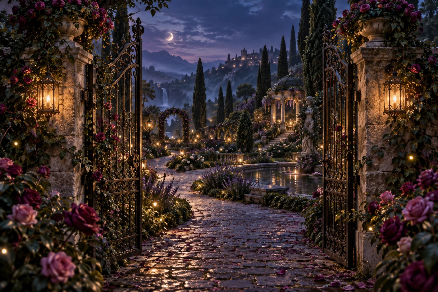 An open garden gate with glowing roses, lanterns and a winding path at twilight
